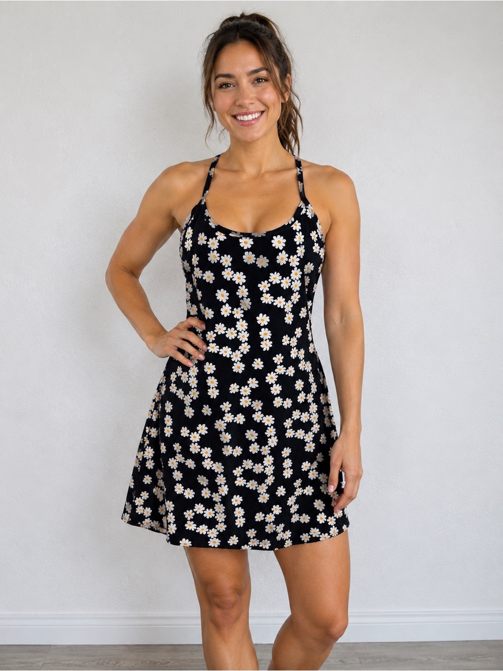 Outdoor Voices Black Daisy Print A-line Dress Size S
